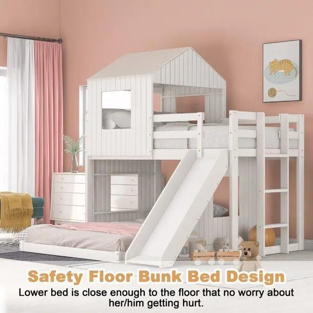 Bellemave® Twin over Full House Bunk Bed with Playhouse, Farmhouse and