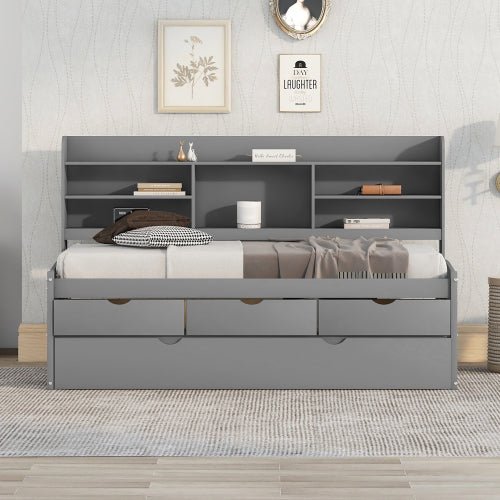 Bellemave Wooden Captain Bed with Built-in Bookshelves,Three Storage Drawers and Trundle - Bellemave