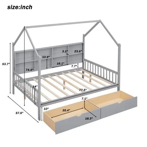 Bellemave Wooden Full Size House Bed with 2 Drawers - Bellemave