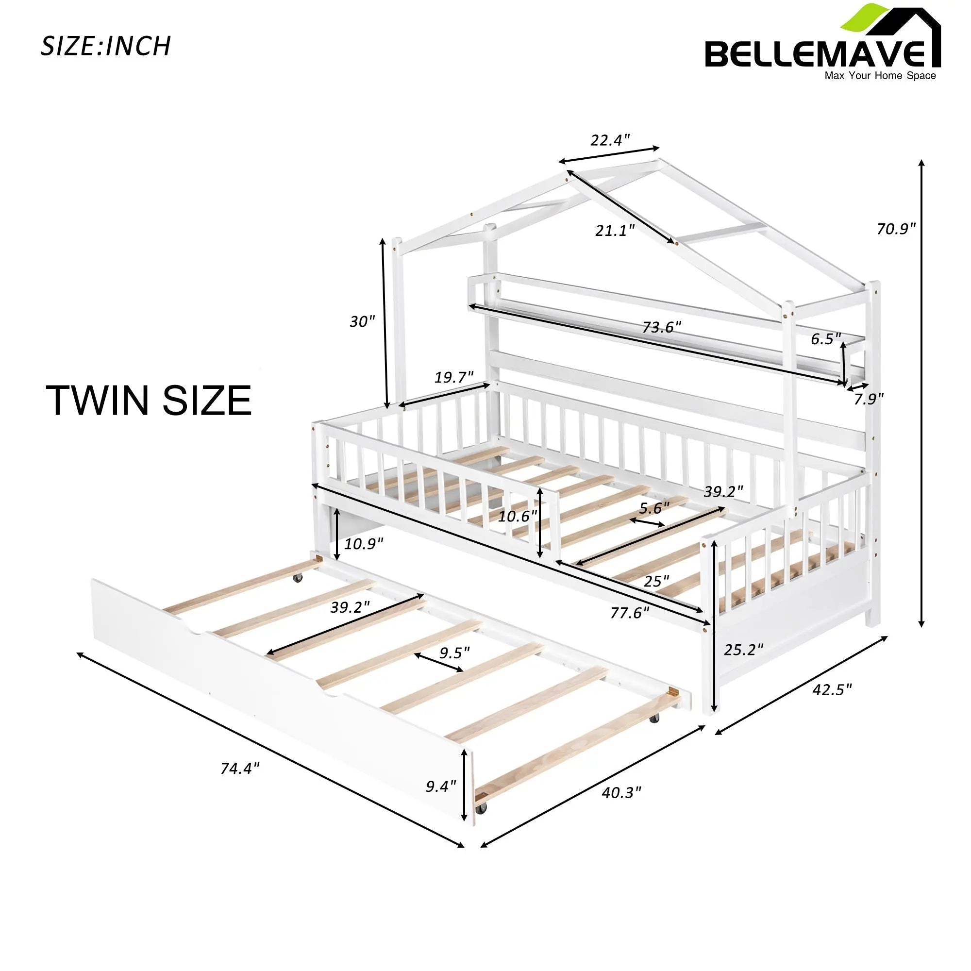 Bellemave Wooden House Bed with Trundle - Bellemave