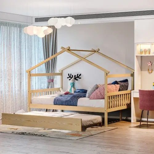 Bellemave® Wooden House Bed with Trundle Bed - Bellemave