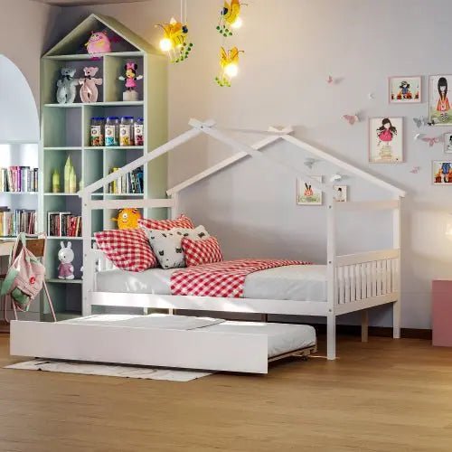 Bellemave® Wooden House Bed with Trundle Bed - Bellemave