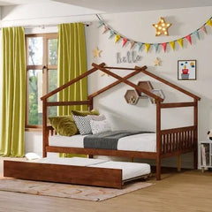 Bellemave® Wooden House Bed with Trundle Bed - Bellemave