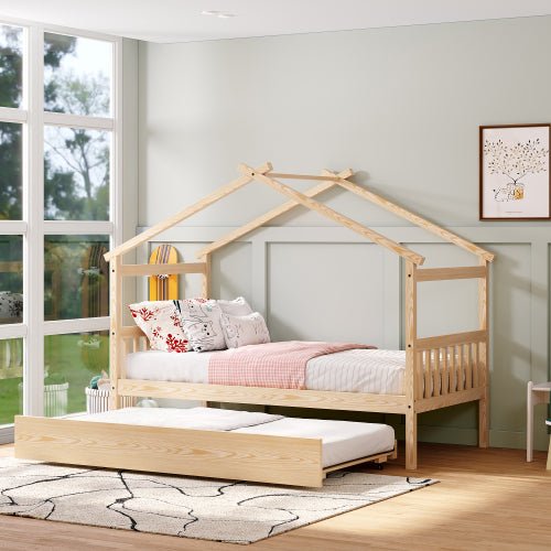 Bellemave Wooden House Bed with Twin Size Trundle - Bellemave