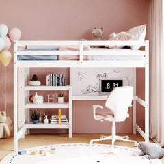 Bellemave® Wooden Loft Bed with Shelves, Desk and Writing Board - Bellemave