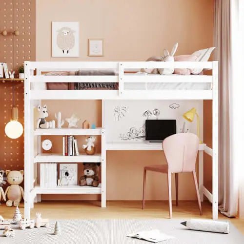 Bellemave® Wooden Loft Bed with Shelves, Desk and Writing Board - Bellemave