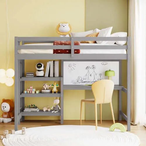 Bellemave® Wooden Loft Bed with Shelves, Desk and Writing Board - Bellemave