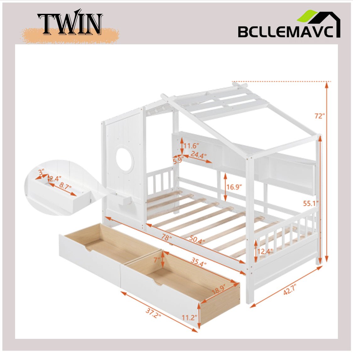 Bellemave Wooden Twin Size House Bed with 2 Drawers,Kids Bed with Storage Shelf - Bellemave