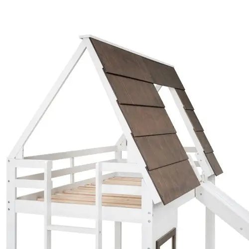 Bellemave®Twin Size House Floor Bunk Bed with Roof - Bellemave