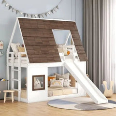 Bellemave®Twin Size House Floor Bunk Bed with Roof - Bellemave