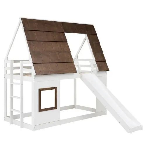 Bellemave®Twin Size House Floor Bunk Bed with Roof - Bellemave