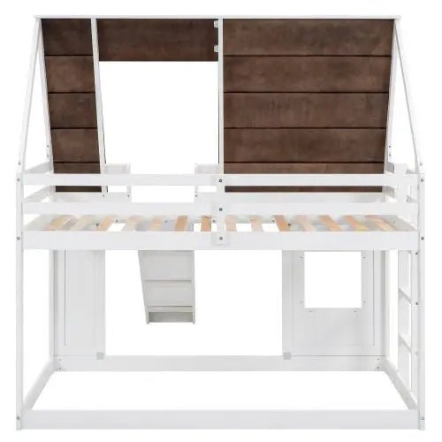 Bellemave®Twin Size House Floor Bunk Bed with Roof - Bellemave