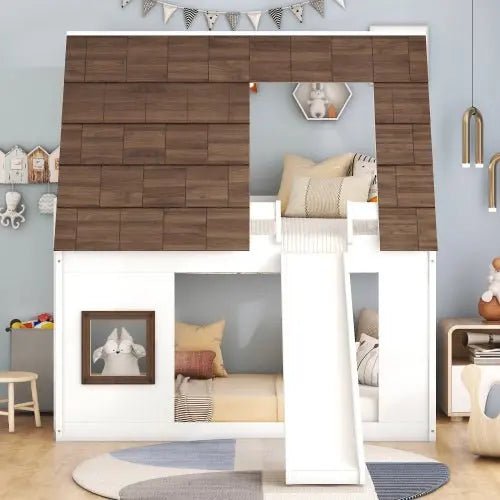 Bellemave®Twin Size House Floor Bunk Bed with Roof - Bellemave