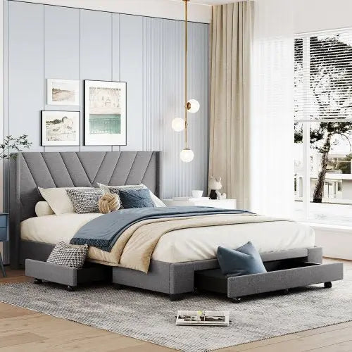 Belllemave Queen Size Storage Bed Linen Upholstered Platform Bed with 3 Drawers - Bellemave